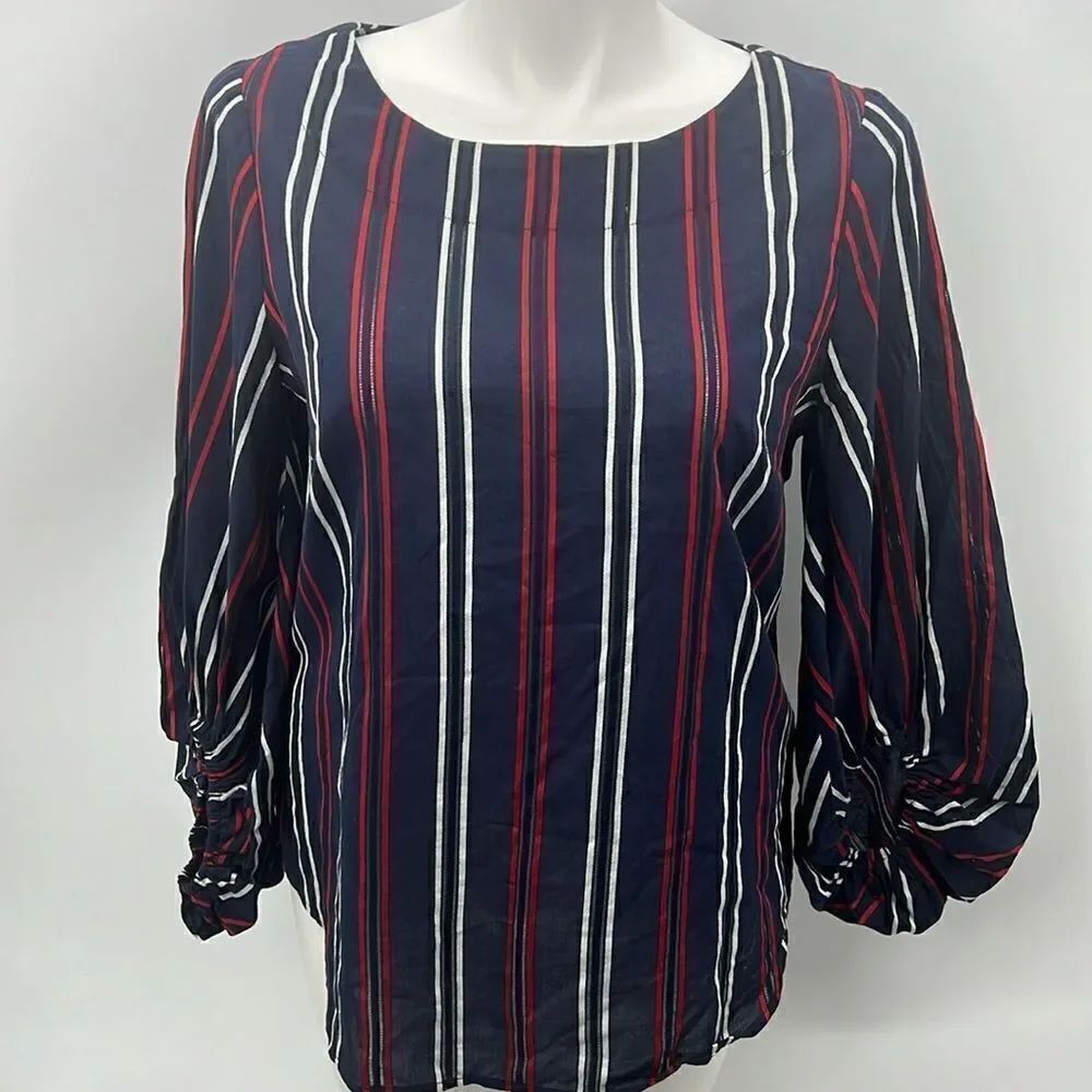CAbi navy striped scoop neckline balloon sleeve blouse